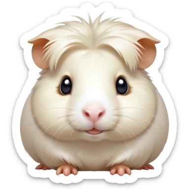 Cinematic Cute White Guinea Pig Portrait Emoji, Head tilted playfully and inquisitively, showcasing a silky, immaculate white fur with a natural glow, round, sparkling dark eyes filled with curiosity, Simplified yet irresistibly adorable features, highly detailed, glowing with a warm, friendly light, high shine, affectionate and lively, stylized with a touch of whimsy, bright and endearing, soft glowing outline, capturing the essence of a mischievous yet loving guinea pig, so playful it feels like it could nuzzle out of the screen and into your arms! sticker