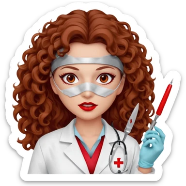 Scary woman scalpel in hand, evil surgeon sexy surgeon clothes.  She has red eyes. Her  brown long curly hair. Wears sexy doctor outfit with red gloves. make her hair free and brown but have mouthy  wear  mask  to hide. Wears white surgeon jacket and sticker
