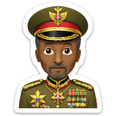 Create an emoji of an Older Haile Selassie African king wearing his ceremonial military uniform adorned with numerous medals, orders, and a sash. sticker