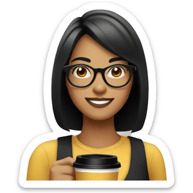 smiling girl with black hair and bob haircut standing with a coffee in her hand, wearing big black glasses sticker
