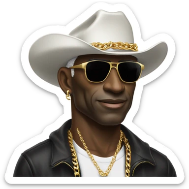 Coach Deion Sanders with gold chains, black sweatshirt with Gold CU on front sunglasses and white cowboy hat  sticker