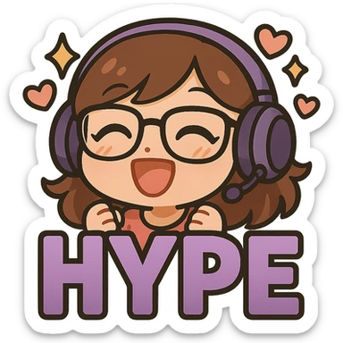 Resize the image to 112 by 112 pixels, keeping all details sharp and clear. Maintain the chibi style with purple gradient HYPE letters, cute details, purple headset, and glasses. Transparent background. sticker