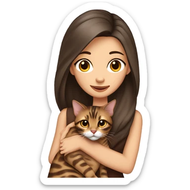 Beautiful skinny woman long dark brown hair in dress hug bengal cat sticker