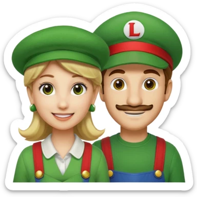 blonde female Luigi (with the Luigi green hat with an L on it) and a normal brown hair male Mario with the red hat. They are friends just smiling sticker