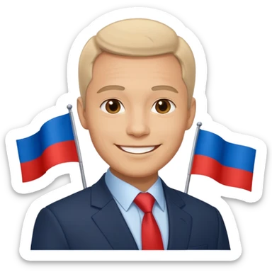 a male politician in a business suit with a Russian flag sticker