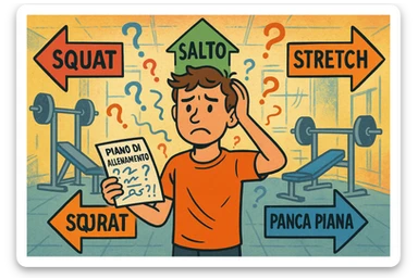a person stands in the center of a gym, surrounded by arrows pointing in all directions, each labeled with a different exercise (e.g., “squat,” “jump,” “stretch,” “bench press”). The person looks bewildered, holding a workout plan with scribbles and question marks. The scene is colorful but visually messy, symbolizing confusion. in italiano sticker