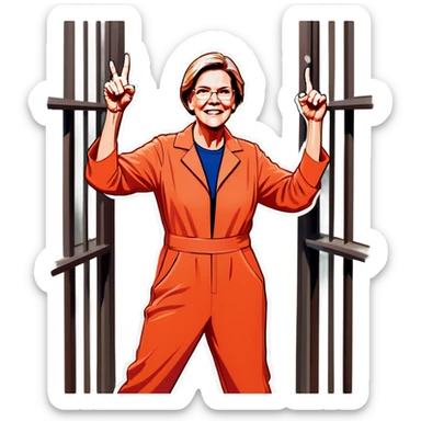 Make a picture of Senator Elizabeth Warren wearing an orange jumpsuit and behind bars sticker