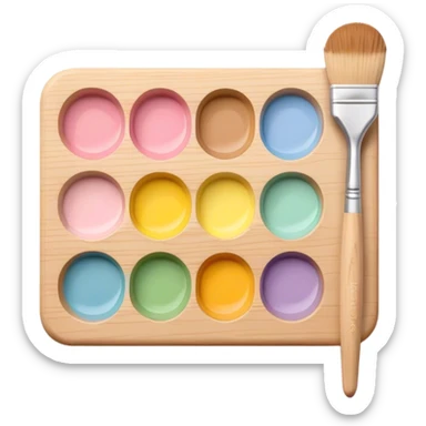 "Minimalist emoji of a small wooden palette with five pastel paint blobs, paired with a sleek, thin paintbrush, soft shadows, and clean lines." sticker