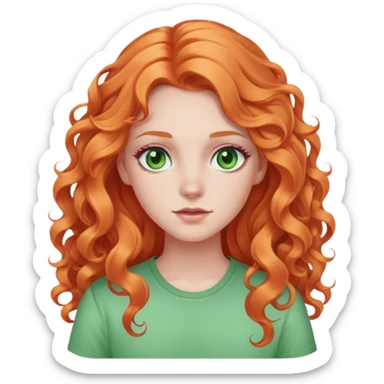 white pale girl with long curly orange hair, green eyes, pink shirt sticker