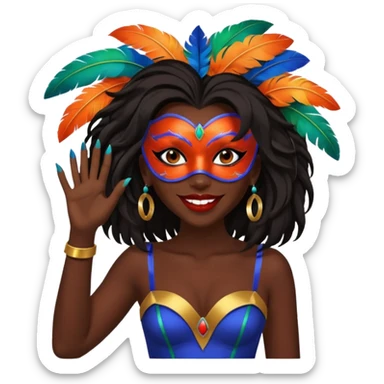 i need the same girl in "dark skin girl, dark red lipstick, nails very beautiful" to be smiling in "carnival mas costume, blue, green and orange preferably, full costume feathers at the back" she is to be smiling, hair should be dark shoulder length, black nail polish on her fingers  sticker