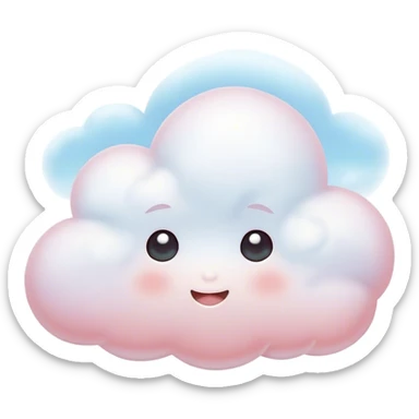 Cinematic tiny snuggly cloud, soft fluffy texture, gentle glowing edges, cute blushing cheeks, floating peacefully in a pastel sky, warm and dreamy. sticker
