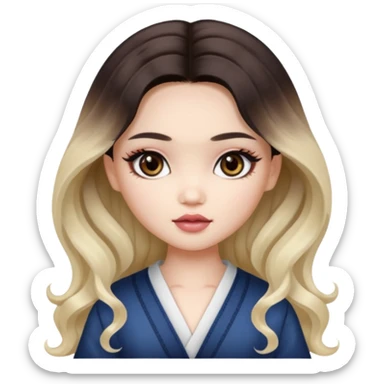 pale skin, girly bratz ASIAN vietnam baddie, dark brown eyes, pretty makeup, long dark to light ombré colored hair, wavy hair sticker