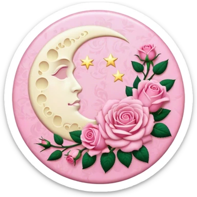 A round pink button with a light cream full damask moon and pink roses in the center sticker