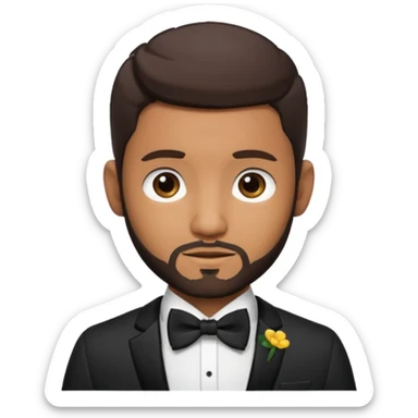 Usher with dark brown hair and short beard, black suit with bow tie sticker