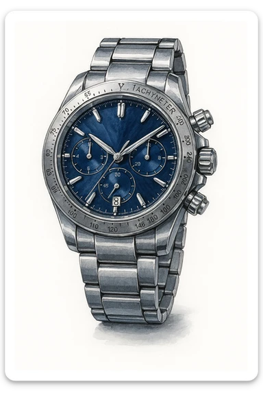 Сгенерируй мне часы металические, дорогие, в чуть рисованном стиле. На чисто белом фоне. БЕЗ НАДПИСЕЙ. Но при этом объмная и яркая sticker