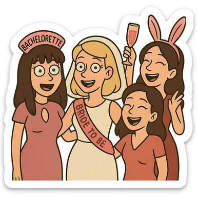 bachelorette party group of 4 girls, one with brown hair, blue eyes, fringe; two with brown hair; one bride with green eyes, blonde shoulder-length hair sticker