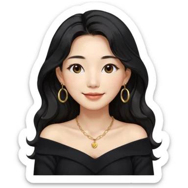 A South Korean girl in her thirties with long black soft wavy hair with middle part and layers. She is wearing a black off the shoulder long sleeve knit sweater, small gold hoop earrings and thin gold necklace. She has brown eyes with mono lid shape and smiling with lips together sticker