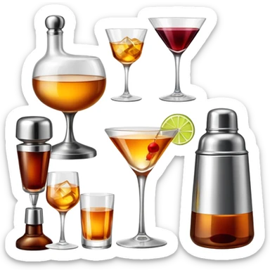 bar items set including cocktail shaker, wine glasses, whiskey bottle sticker