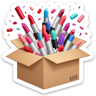 cardboard box bursting open with lipsticks, shampoo, and nail polish flying out sticker