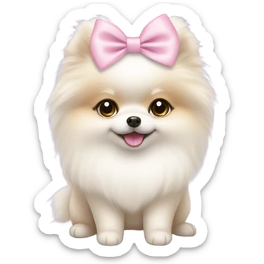 A white little Pomeranian with a cute little light pink bow on her hair sticker