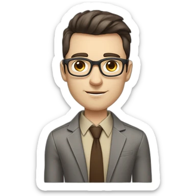 Pale skinned fit man with dark brown hair in gray jacket, beige office shirt, brown tie, brown pants and vintage glasses Writing on the marker board sticker