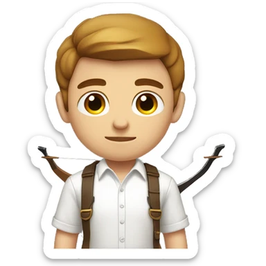 a male, aiming with a bow, facing  his target, eyes closed, wearing a white shirt, very short brown hair, bright skin, only show upper part of the body from waist up sticker