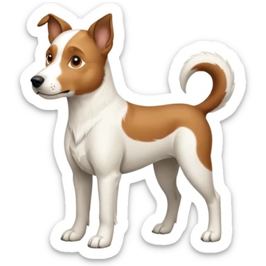 a full body large white parson russell looking dog the size of a kelpie with light brown flapped down ears and a light brown patch on one eye and a large snout sticker