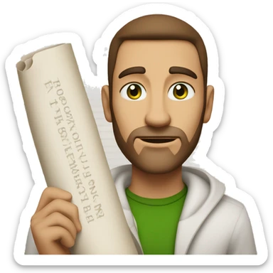 A light-skinned man with piercing green eyes, impeccably styled brown hair, and a confident demeanor holding the long white paper scroll sticker