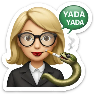 can you create a sneaky bitch SNAKE with big glasses smoking a cigarrette? the SNAKE needs to have dirty blonde hair
can you add a text baloon saying "YADA YADA" - it's a snake emoji sticker