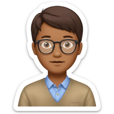 Asian male, with goatie, wearing glasses, medium length hair, brown sticker