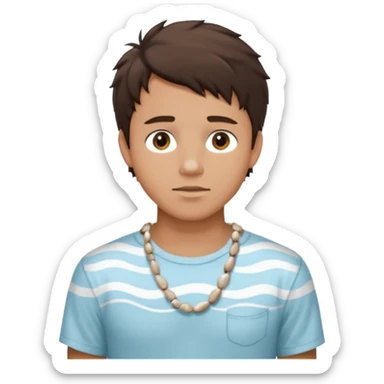 create an emoji of a young man. he has a nice surfer look, with short messy dark brown hair, brown eyes, tanned skin, natural lips. he wears a white sea shell necklace with an open short sleeve shirt sticker