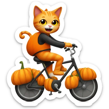 a orange cat wearing a pumpkin suit riding a bike sticker