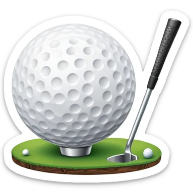 A golf ball on a tee, with a golf club placed beside it on the lush green fairway. The background shows a serene golf course with neatly trimmed grass and a clear blue sky, emphasizing the elegance and precision of the game. sticker