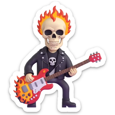 heavy metal skull with flames, electric guitar, leather jacket sticker