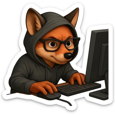 Make the fox realistic, a fox programmer hacker wearing a hoodie and glasses, sitting at a computer. Style: emoji style, no text, transparent background. sticker