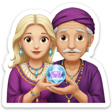 Elderly cleanshaven male gypsy with earrings and blonde female gypsy holding a crystal ball sticker