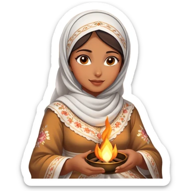 A Arab woman dressed in a beautiful floral traditional outfit with a delicate white headscarf sits by a fire at night. The warm glow of the flames highlights her radiant features, giving the scene a soft, serene, and intimate feel. sticker