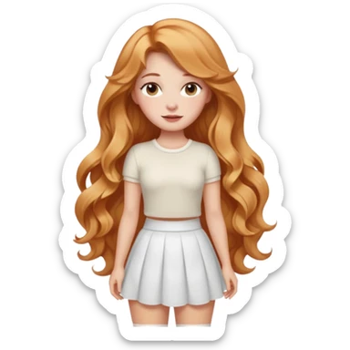 white girl with strawberry blonde super long wavy hair, white skirt, blushed cheeks sticker