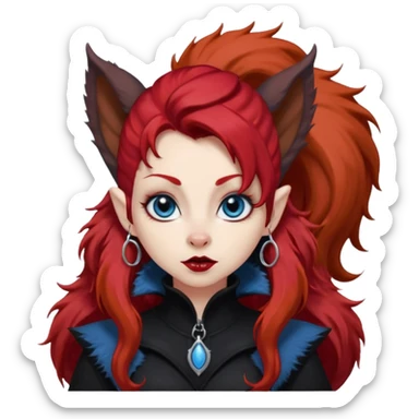 long super curly blood red hair (darker), red pointed squirrel ears with black trim, black goth outfits, body and face human, blue eyes, more pointy chin, black lipstick, one big fluffy red squirrel tail with black tips, close her mouth, less evil looking sticker