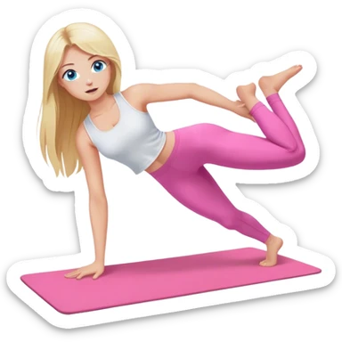 A cinematically realistic blonde with long hair and blue eyes, dressed in a white top and pink leggings, performs a sports exercise on a mat sticker