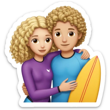 Curly haired brunette hugging blond straight haired surfer dude sticker