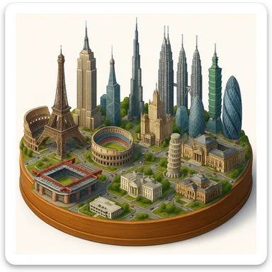 Оставь основу картинки - деревянную подставку, но при этом сгенерируй изометричную, яркая, детализированную и фотореалистичную модель где будет самые узнаваемые здания мира - Эмпайр Стейт Билдинг, Эйфелева башня, Колизей, Сиднейская опера, стадион Сан-Сиро, Белый Дом Пизанская башня, здание МГУ, Бурдж-Халифа, Башни Петронас, Небоскрёб Фостера в Лондоне, Рейхстаг, Тайбэй. Здания не должны повторять и должны быть на картинке в единственном экземпляре sticker