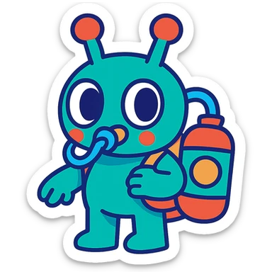 cartoon alien with an oxygen tank, cute proportions, vibrant colors, whimsical design sticker