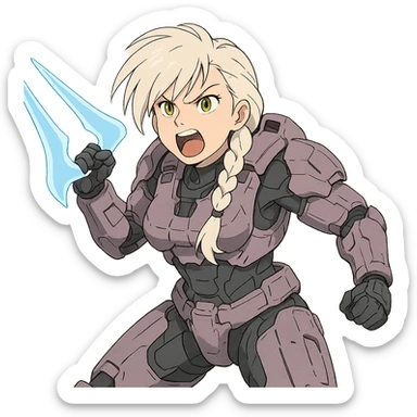 female, wearing reach spartan armor default, long white braid hair with massive messy front side single bangs, gold yellow eyes, attention pose, HALO:series, no helmet, the armor is lavender color scheme, shoulder pad off. DDD bust size fitting. Punk gothic cyberpunk, brandishing a covenant energy sword, preparing to swing and yelling sticker