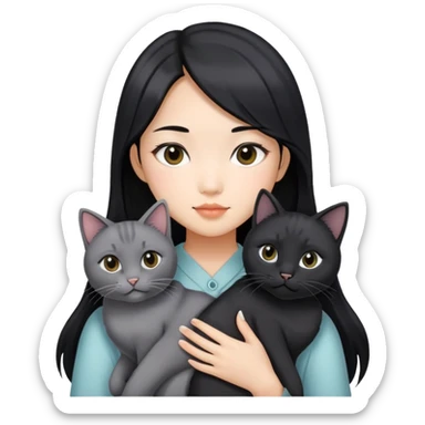 An Asian girl with medium long black hair with grey highlights, holding two black cats  sticker