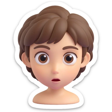 apple-style 3D emoji of a young person with short tousled brown hair, smooth skin, big expressive eyes, surprised expression, soft shadows, glossy plastic texture, bright pastel colors, fun cartoonish look, head centered, neutral background sticker