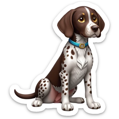 cinematic-[german pointer]-realistic-full-body-sitting-emoji,-tail-resting-loosely-beside-its-paws,-head-tilted-dramatically,-sleek-[brown and white spotted]-fur,-simplified-yet-realistic-focused-features,-highly-detailed,-glowing-with-an-almost-sarcastic-glow sticker
