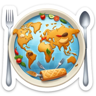 Icon for Culinary Tourism: a world map with food elements like a fork, knife, and dish, surrounded by iconic dishes from various countries. The icon should represent the exploration of global cuisines and travel experiences. Transparent background. sticker