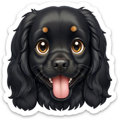Cinematic Comical Black Cocker Spaniel Portrait Emoji, Head tilted dramatically with an exaggeratedly amused expression, featuring a shiny black coat with noticeable tan accents, wide, expressive dark eyes filled with playful disbelief, Simplified yet hilariously expressive features, highly detailed, glowing with a slightly sassy glow, high shine, dramatic yet playful, stylized with an air of cheeky mischief, bright and endearing, soft glowing outline, capturing the essence of a spirited and over-the-top companion, so meme-worthy it feels like it could side-eye its way into internet fame instantly! sticker