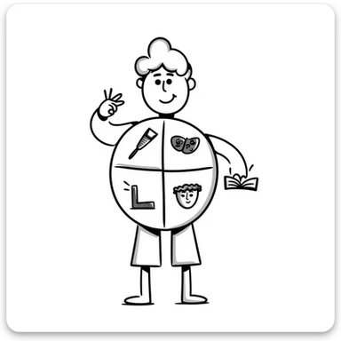 Hand-drawn metal man figure with a circular body divided into four segments, each containing symbols for different art forms: visual, musical, theatrical, and literary arts sticker